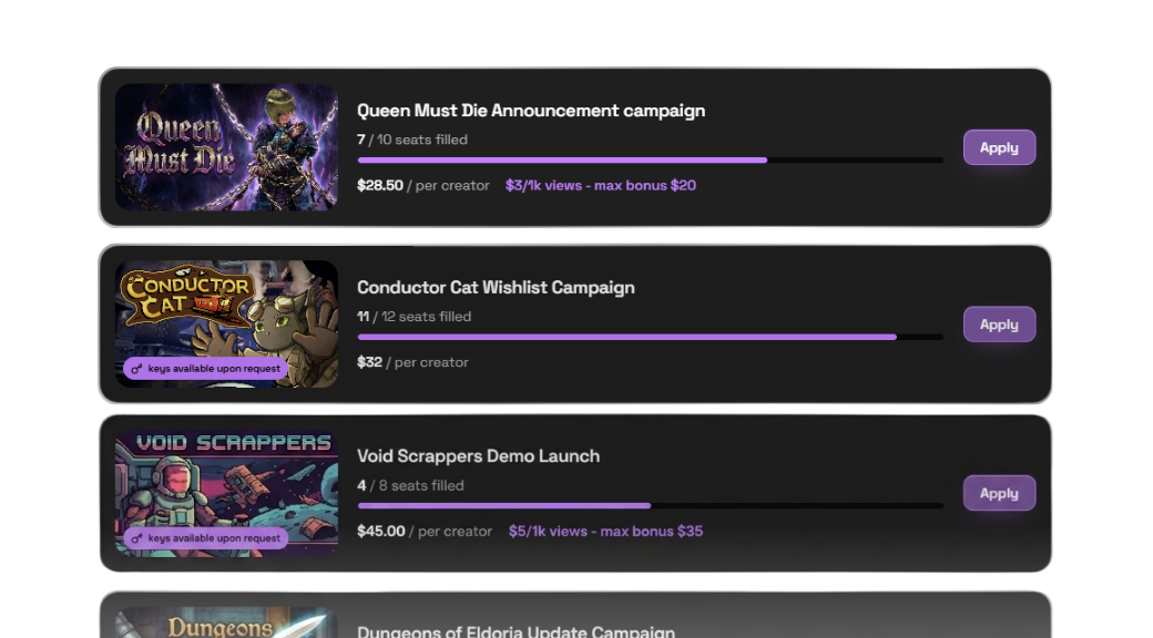 Example seat campaigns with per-creator pay and performance bonuses